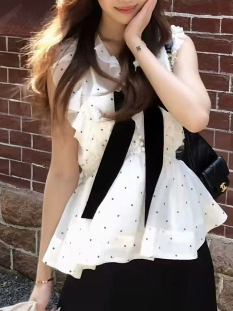 

Sweet Knot Retro Sleeveless Top Heavy Embellished Waist Cinching New Arrival Spring Summer Polka Dot Polyester Fiber