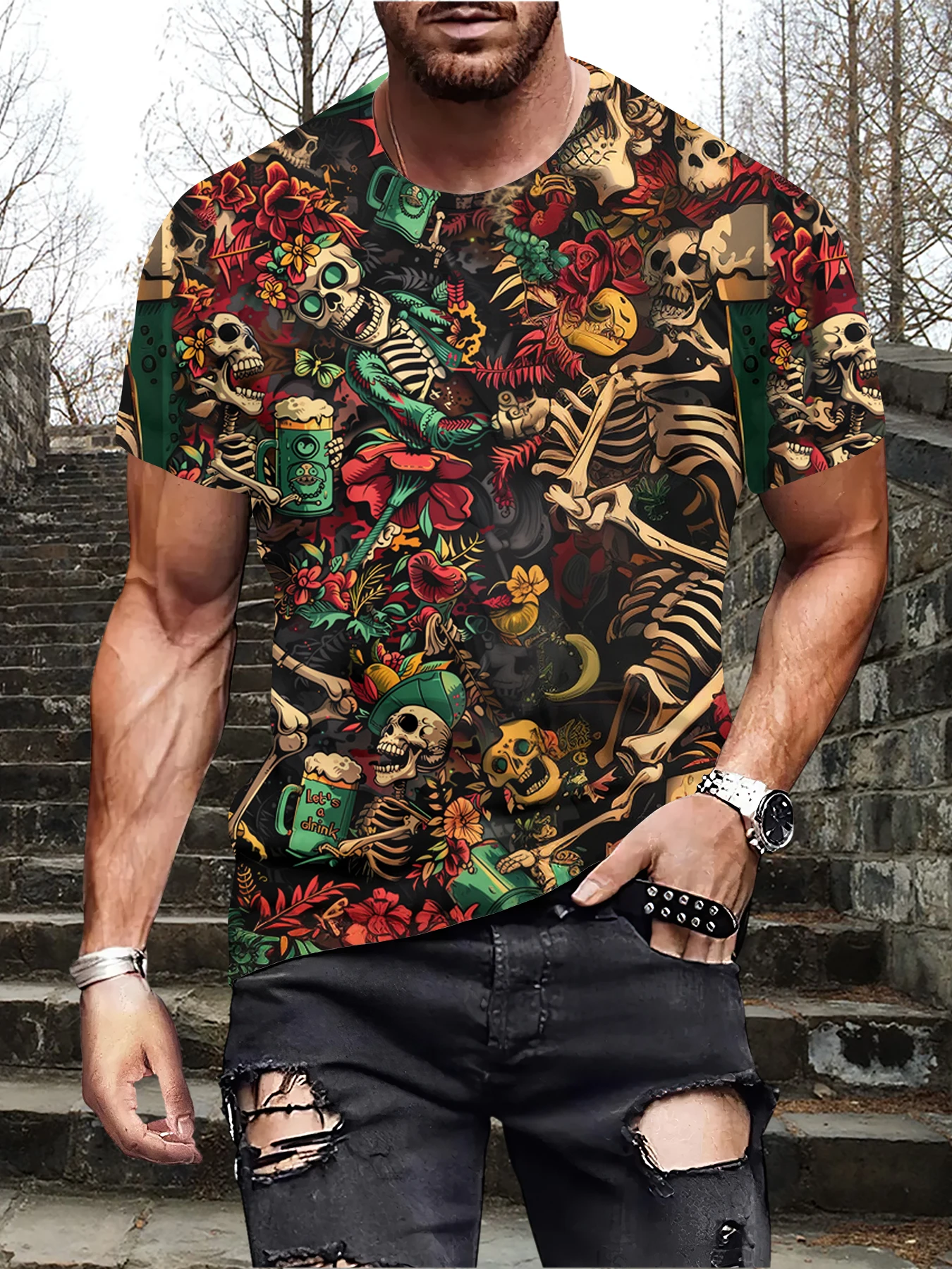 Men's Fashion Skull Print Pattern Crew Neck and Short Sleeve T-shirt, Casual and Trendy Tops for Men's Summer Street Leisurewear