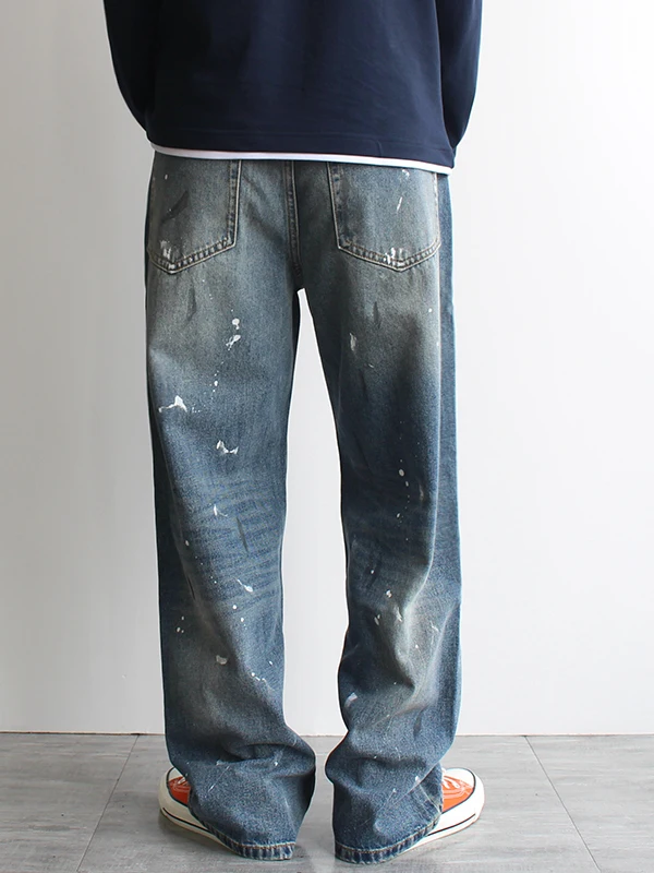 กางเกงยีนส์เดนิมทรงหลวมสไตล์อเมริกันเรโทรสำหรับผู้ชาย - กางเกงลำลองทรงตรงหลวมแบบยีนส์ขาดๆ สีสเปรย์พ่นลาย ลุคย้อนยุค สำหรับฤดูใบไม้ร่วง/ฤดูหนาว
