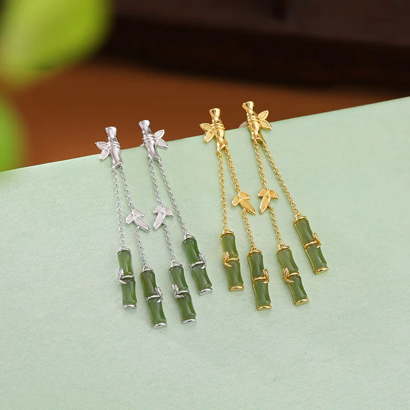 

S925 Sterling Silver Gold-Plated Hetian Green Jade Knot Leaf National Trend Earrings