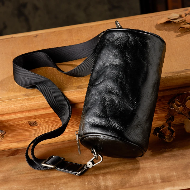 Casual Cowhide Leather Cylinder Bag Handmade Cross body Bag Men\'s Bucket Satchel Genuine Leather Large Capacity Shoulder Bag