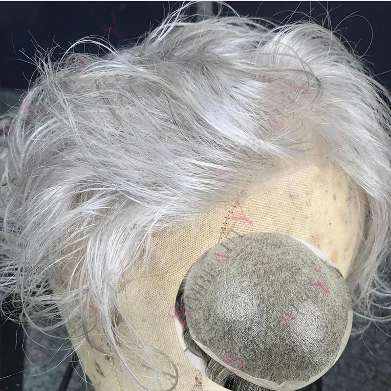 

80% White Grey 1B80 Natural Hairline 0.02mm Ultra Thin Skin Premium Old Men's Toupee Platinum Blonde 60R# Human Hair Vloop Wigs