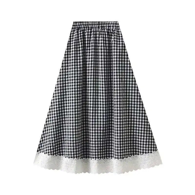 New In Spring Summer Lace Patchwrok Plaid Midi Long Skirt For Women 2025 Fashion Sweet Casual Skirts