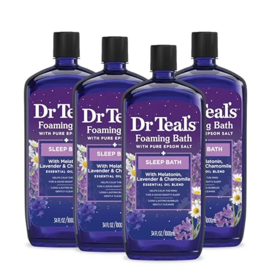 Dr Teal's Foaming Bath with Pure Epsom Salt, Melatonin Sleep Soak with Essential Oil Blend, 34 fl oz Pack of 4