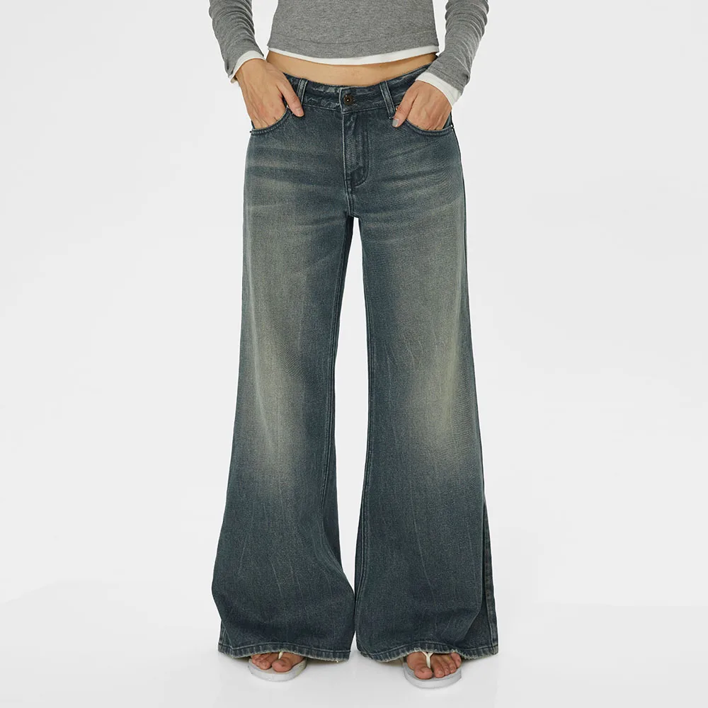 

Женские джинсы-клеш с низкой посадкой, винтажные, синие, из денима, премиум-класса, для весны, осени и зимы