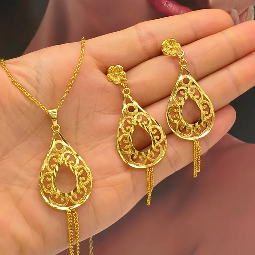 African Gold Color Jewelry Set for Party Elegant Hollow Out Design Drop Earrings and Necklace 2Pcs Set for Engagement Party Gift