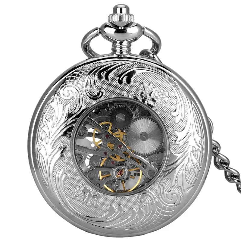 Silver Engraved Roman Number Cover Men Women Skeleton Handwinding Mechanical Pocket Watch FOB Chain Hollow-out Case Clock