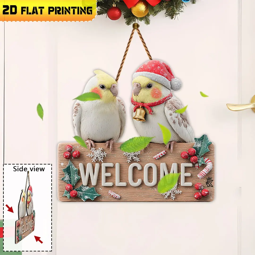 2D Flat,Outdoor Plaques and Wall Art, Cockatiel Christmas Wooden Sign, Bird Decor, Rustic Farmhouse Decor, Front Door Decor