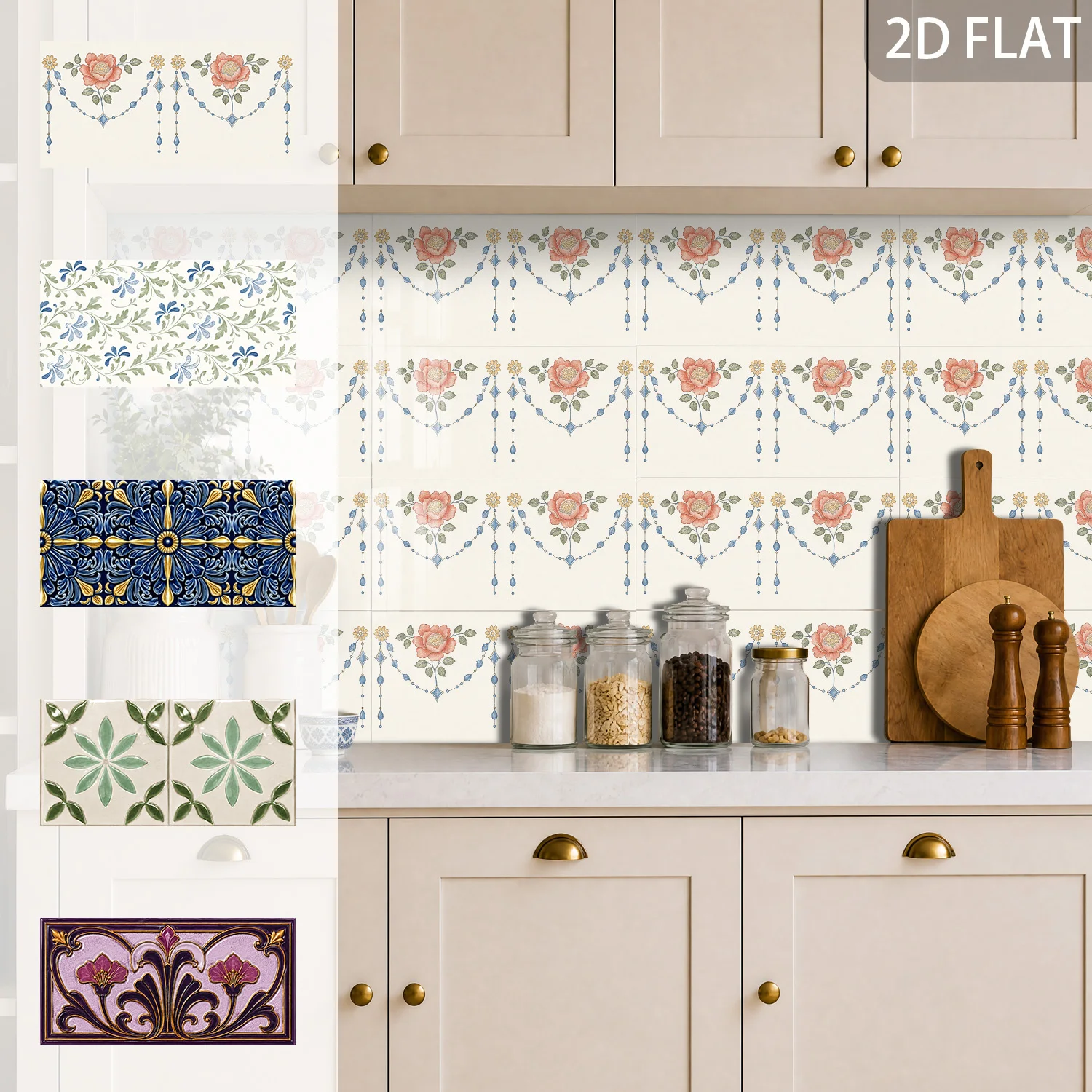 Retro Floral Self‑Adhesive Wall Sticker Waterproof Peel Stick Tile Decal Home Decor for Backsplash Bathroom Kitchen 5.5×11 inch