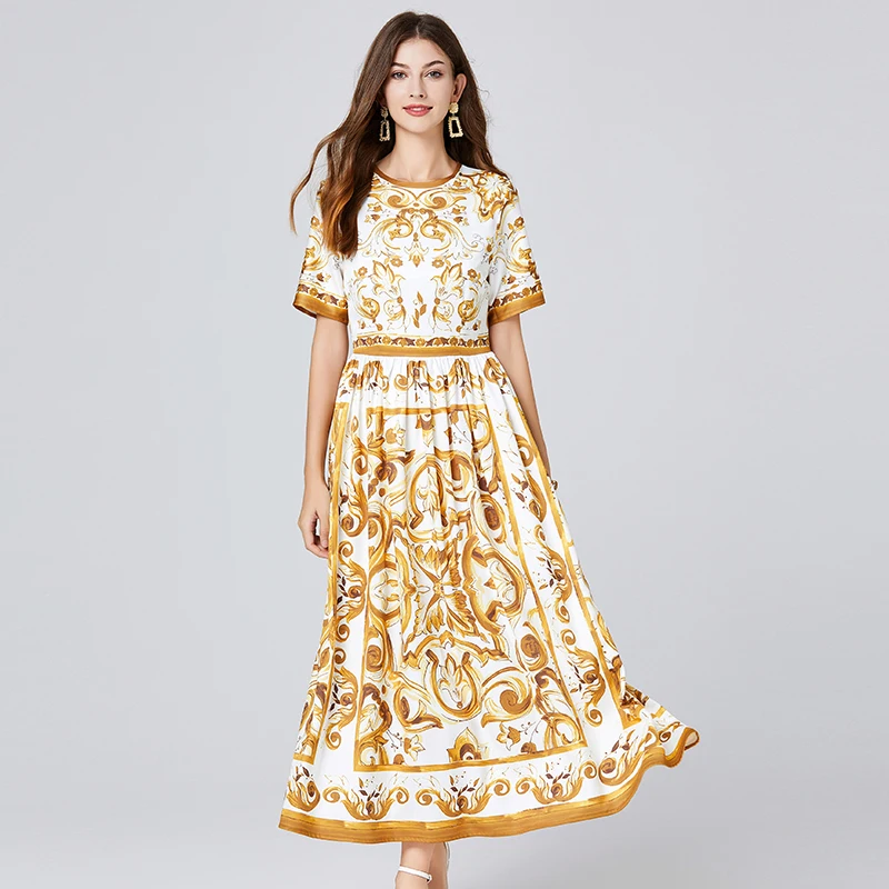 Vestido feminino estampado em porcelana, manga curta, cintura alta, vestido longo de férias, passarela estilista, amarelo azul e branco, moda verão
