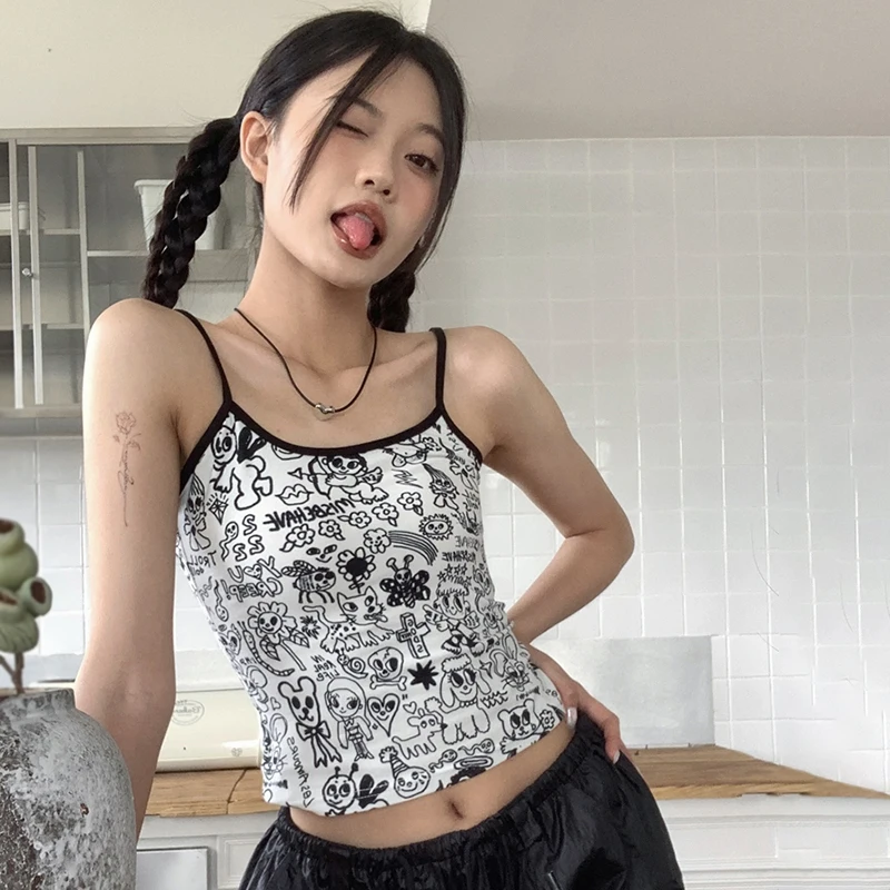 Women's Crop Top Summer American Style Cartoon Graffiti Slim Fashion Casual Clothes