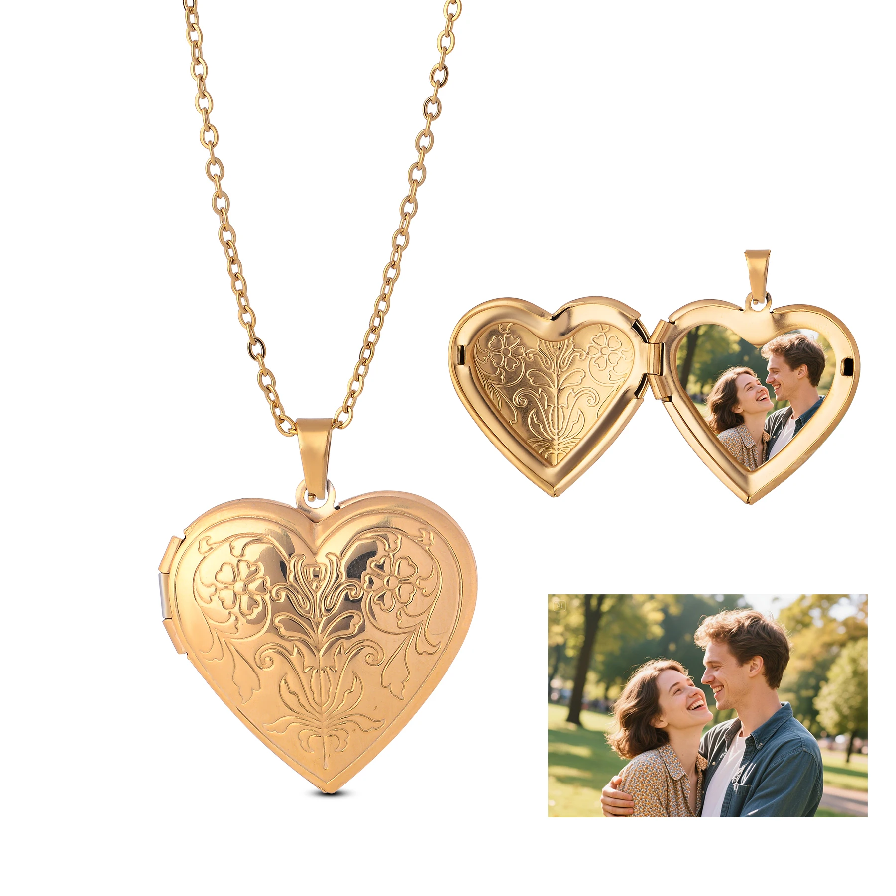 

Engraved Flower Heart Locket Necklace for Women Personalized Photo Necklaces with Picture Inside Fashion Memorial Jewelry Gift