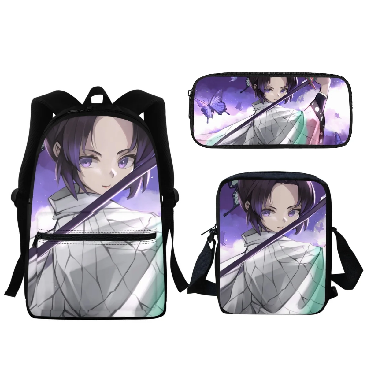 Demônio Slayer Anime Impressão Mochila, Bolsa de Escola Estudantil, Estojo de Lápis Estudante, Sacos Pequenos Do Mensageiro De Ombro, Saco De Viagem Zipper, 3 Pcs/Set