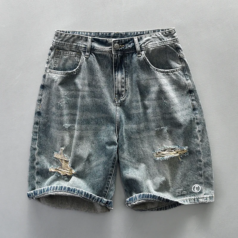 

Vintage Washed Denim Shorts for Men 2024 Summer Casual Ripped Hole Straight Half Jeans for Youth Male Cityboy Loose Knee Pants