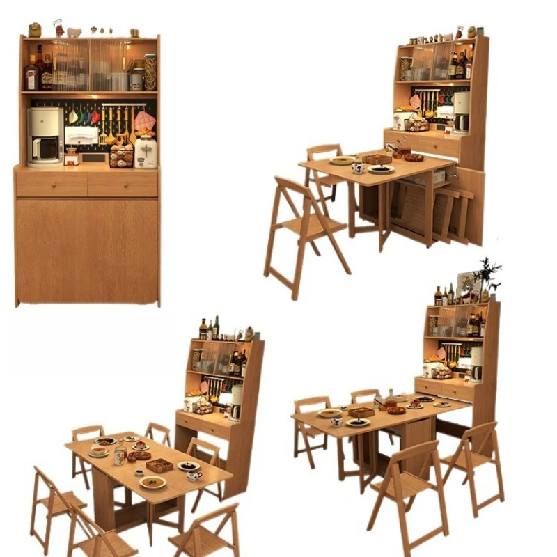 

Japanese-style folding side cabinet integrated retractable pulley small apartment against the wall log color island table
