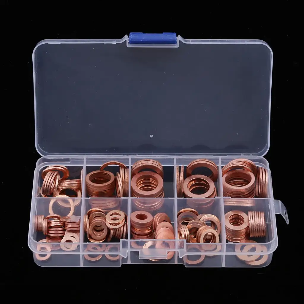 200Pcs Copper Washer Gasket Nut Bolt Set Flat Seal Sealing O ring Solid Gasket Assortment Kit Car Engine Oil Gasket Sump Plug