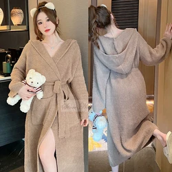 Cute Cartoon Terry Kimono Bathrobe Gown Flannel Women Long Hood Robe Nightgown Autumn Winter Casual Soft Home Dress Lounge Wear