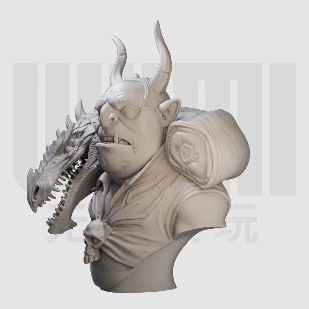 1/10 dragon head and orc bust fantasy green leather resin white mold GK figure model