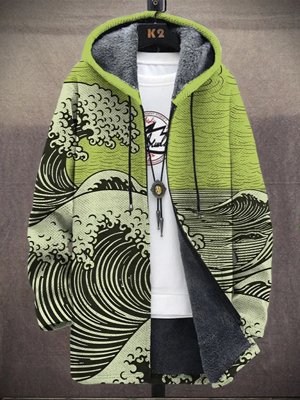 Men's Retro Lines Waves Japanese Art Print Fleece Lined Hooded Trench Coat Cardigan Hoodies Fleece Lined Zipper Coats