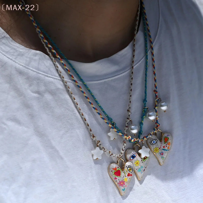 〔MAX-22〕Handmade Knotted Rope Heart Pendant Necklace Fashion Sweater Chain Stackable Star Pearl Necklace For Women Jewelry Gift