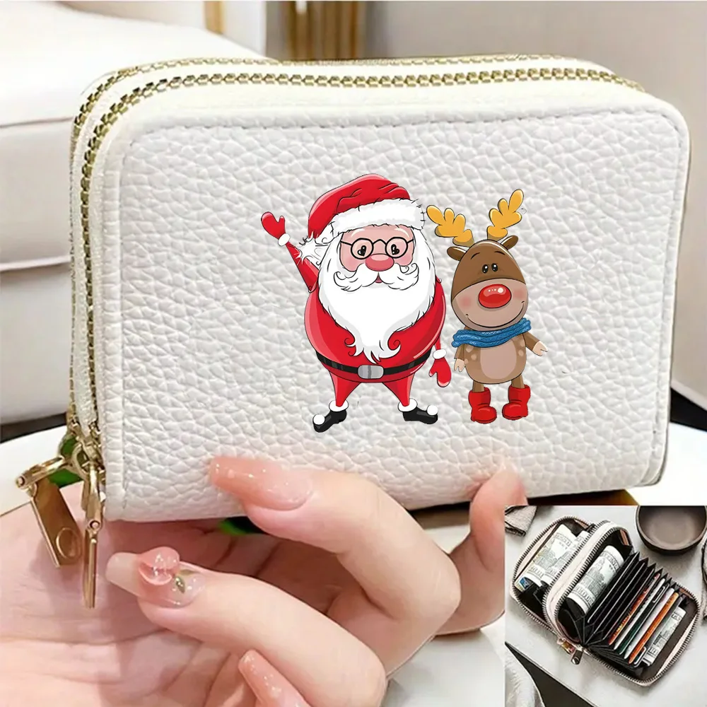 Kurze Mini-Geldbörse aus PU-Leder für Damen mit zwei Reißverschlüssen, mehrere Kartenfächer, Weihnachtsmann-Muster, Kreditkartenetui, Geburtstagsgeschenk