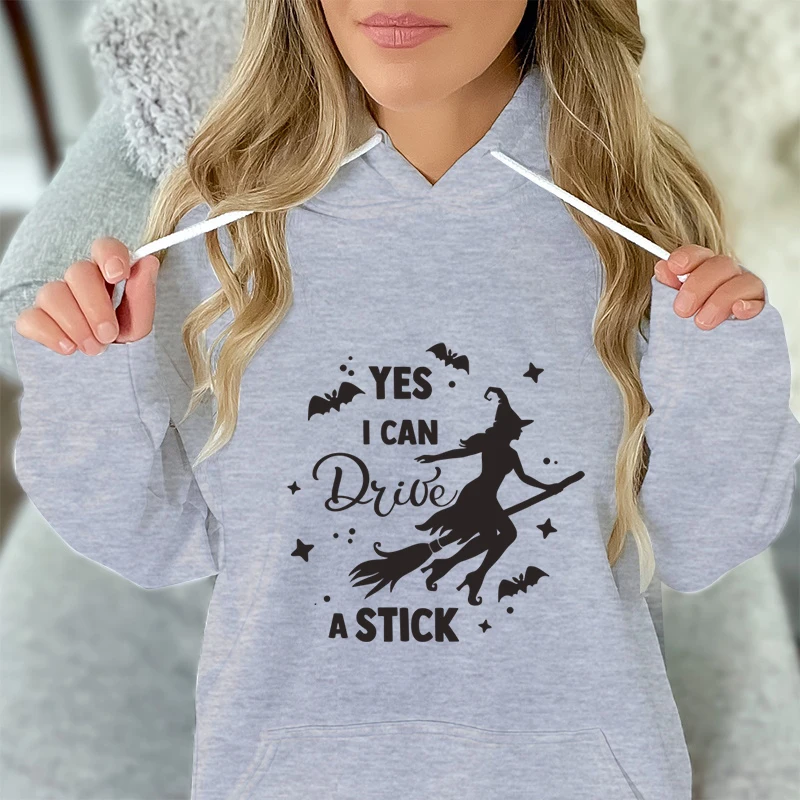 Fashion Women Sweatshirt Hoodie Halloween Witchy I Can Drive A Stick Hoodies Women Halloween Vintage Retro Witch Pullover Hoodie