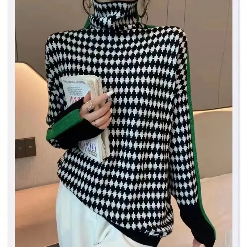 

Корейский модный женский свитер с воротником, осень-зима, винтажный клетчатый свитер с длинными рукавами, универсальные пуловеры, повседневный вязаный топ