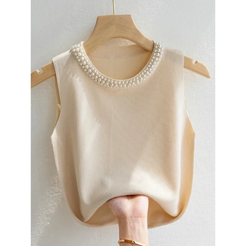 Korea Knitted Vest Women Top Solid Tank Blouses Women Fashion Summer New Fashion Female Sleeveless Beading Casual Thin Tops