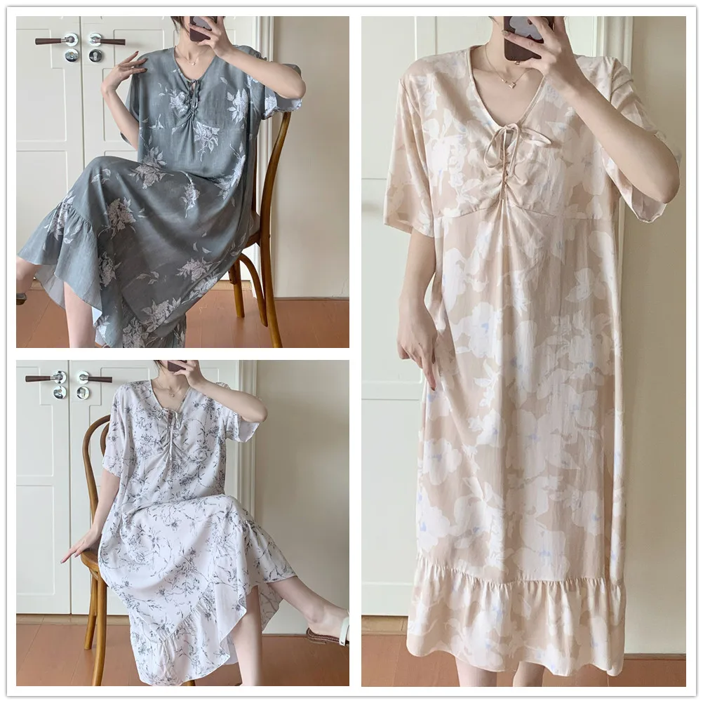 Chinese Version of the Girl Sweet Summer Nightgown Female Print Short Sleeve Loose Floral Sundress Home Dress