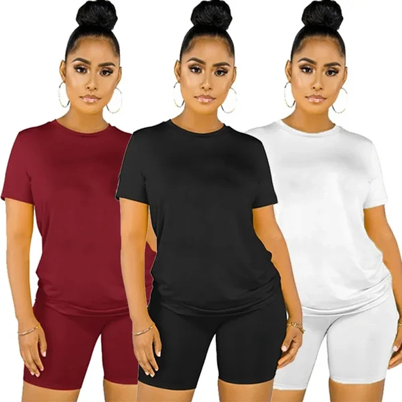 

2024 2 Piece Set for Women Sexy Skinny Solid Clothes Stretch Office Ladies Short Summer Outfit T-shirt Vintage Aesthetic Shorts