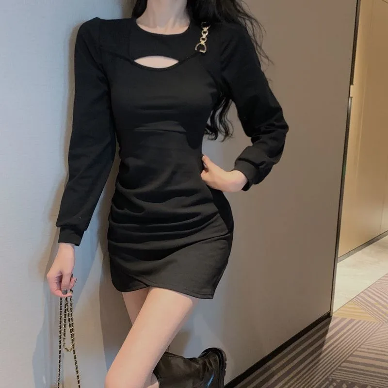 O-neck Dresses Women Hollow Out Chain Design Fashion Mini Ladies Autumn Simple All-match  Korean Style Inside Chic Long Sleeve