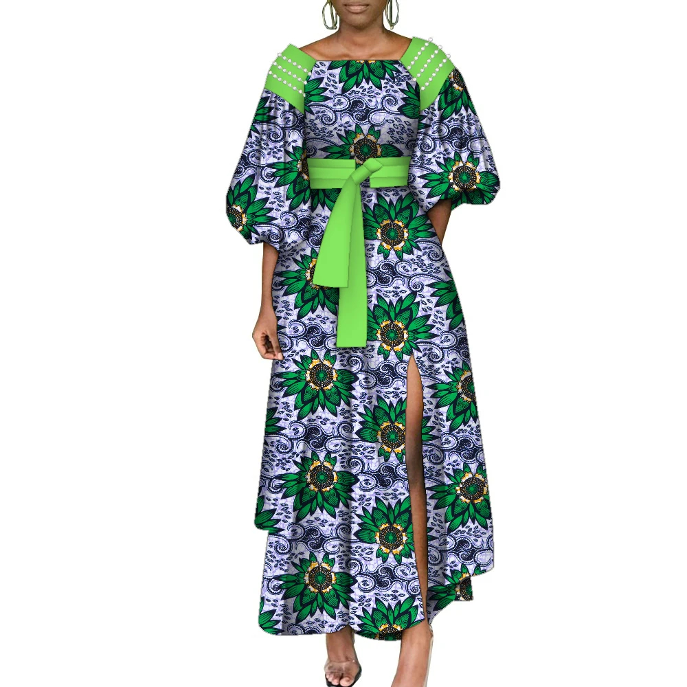 

Bintarealwax African Dresses for Women Contrast Stitching African Wax Print Puff Sleeve Long Maxi Dress with Belt Party WY10287