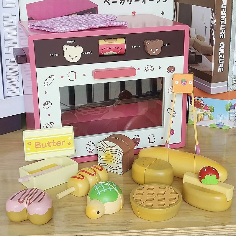 Zabawka piekarnik drewniany truskawkowy nowy styl 2025, dom dla dzieci, symulacja kuchenki mikrofalowej, toster, prezent dla niemowlaka