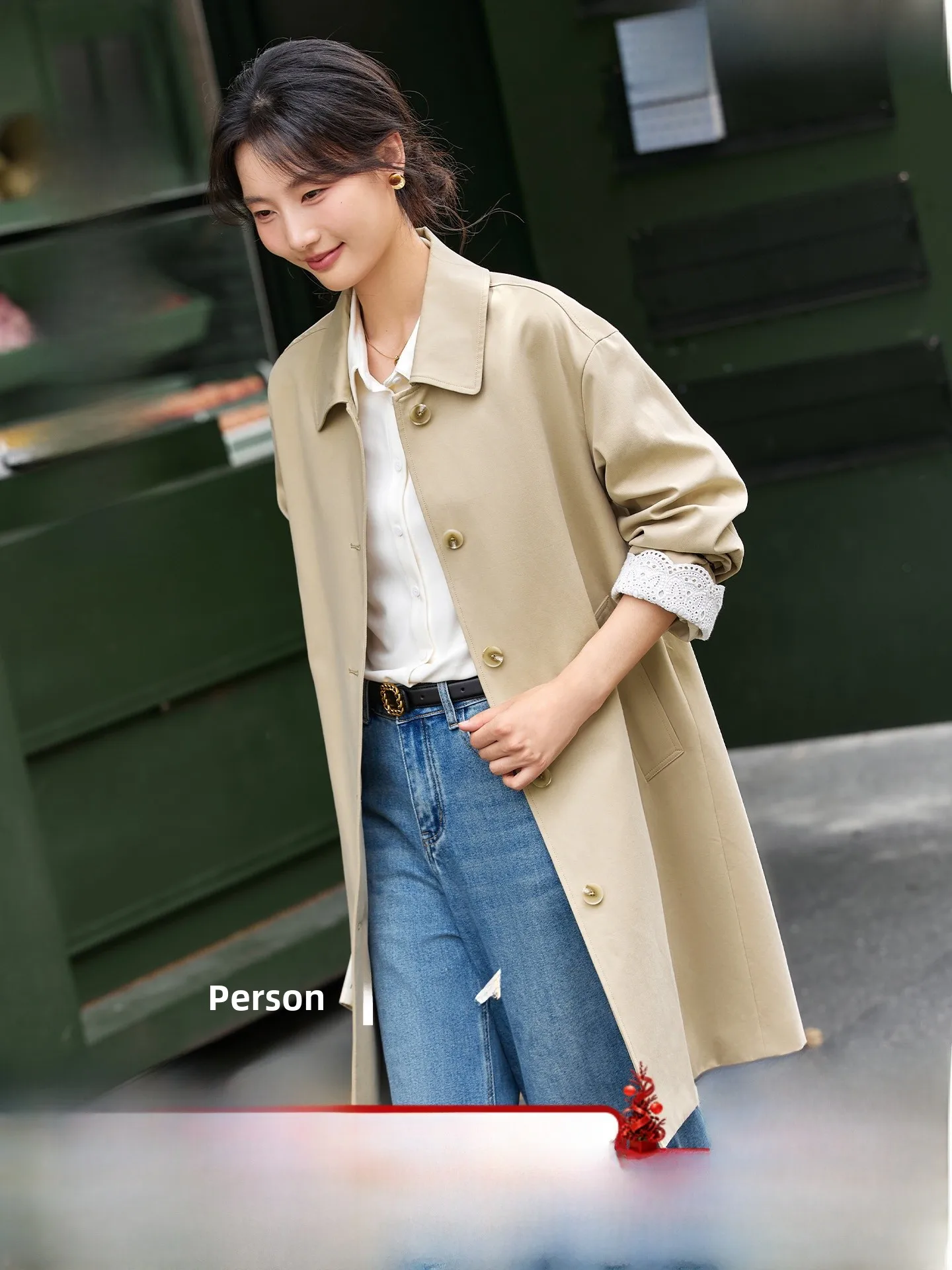 

Lace Hemline Women's Coat 2025 Autumn New Faion Straight Cut Midi Coat Korean Sle Long Sve Loose Fit Cotton 00%