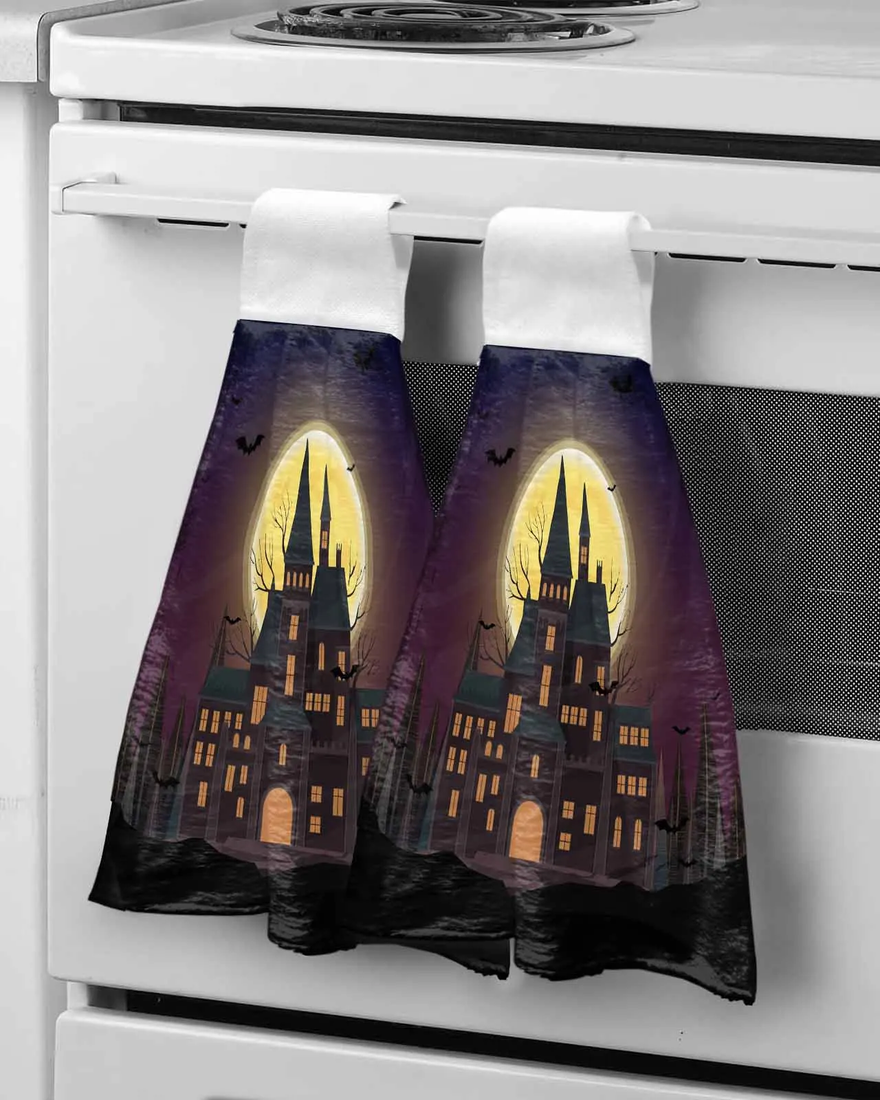 

Halloween Retro Castle Bat Moon Wipe Hand Towel Absorbent Hanging Towels Home Kitchen Wipe Dishcloths