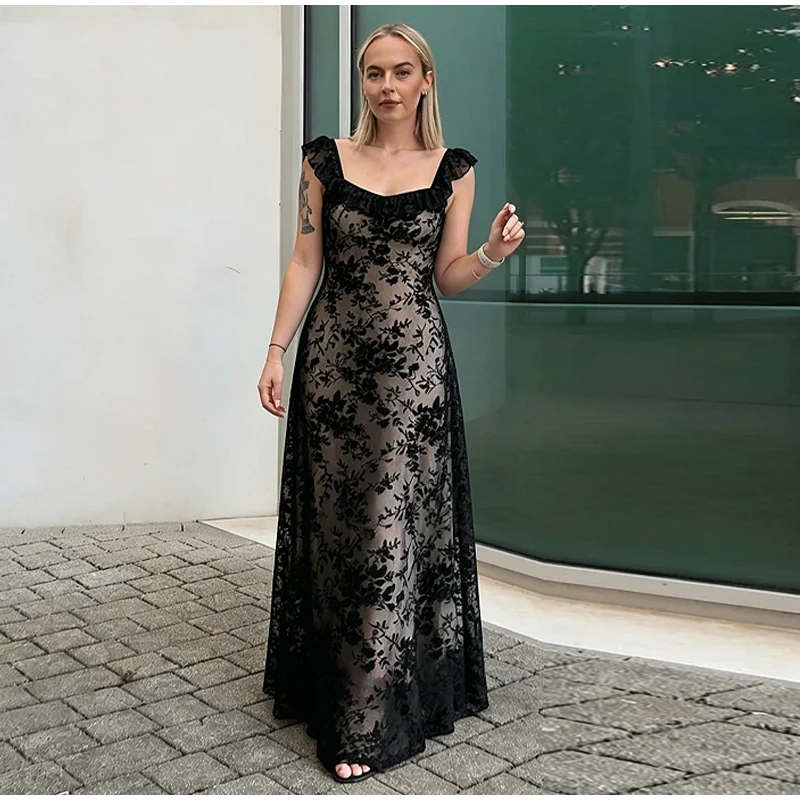 Damen Schwarzes Blumen-Spitzen-Maxikleid Schulterfreies Rüschen-Trägerkleid Transparentes Mesh-Bodycon-Kleid 2026 Elegantes Abend-Party-Cocktailkleid – Detail 15
