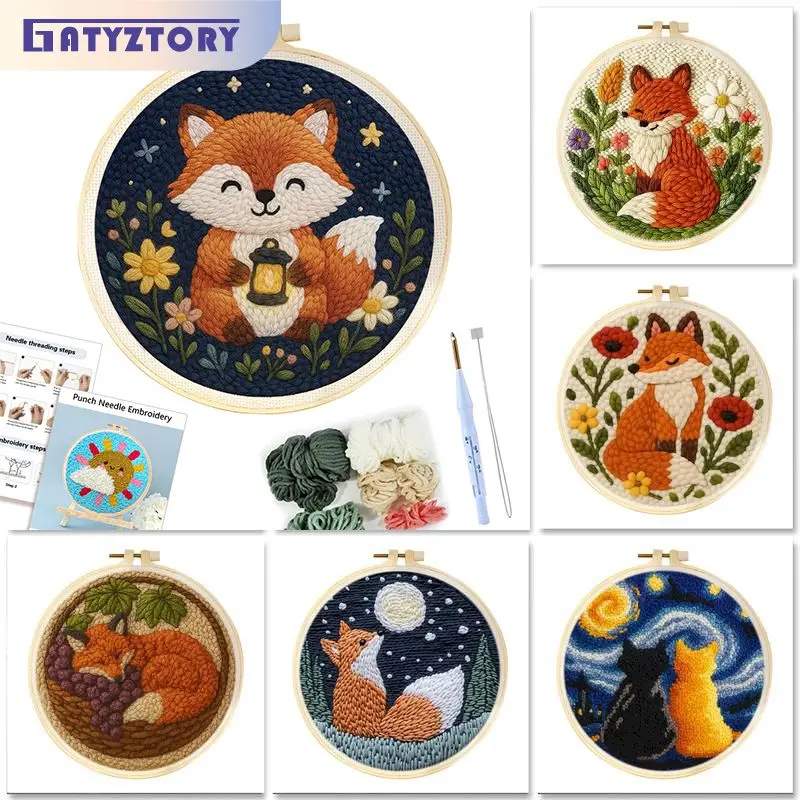 

GATYZTORY DIY Punch Needle Kits for Beginners Fox Animal with Hoop Embroidery Punch Needle Starter Craft Set Festival Gift
