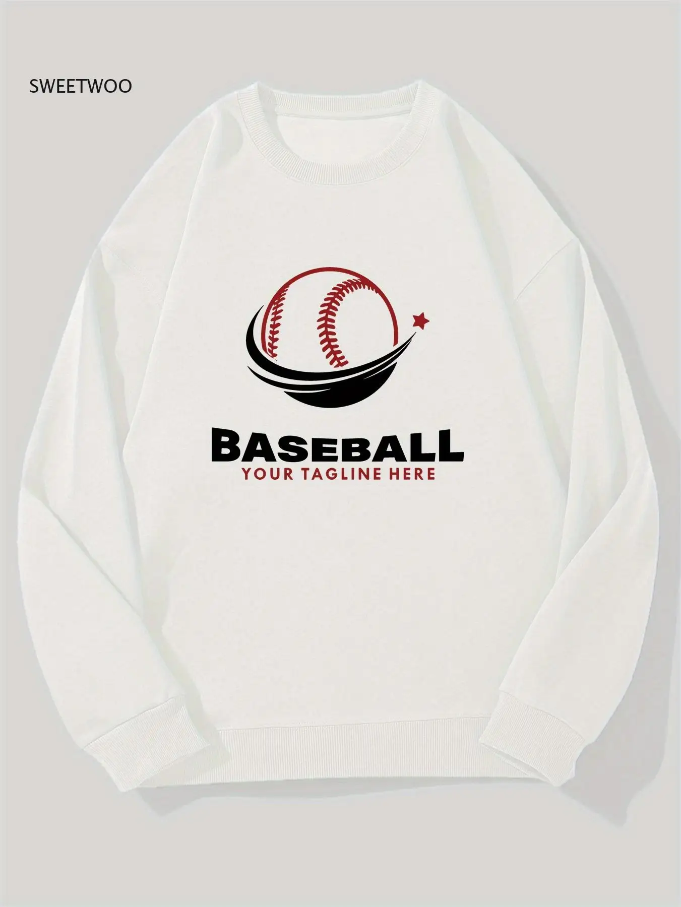 

Men's Baseball Graphic Sweatshirt - White Casual Crew Neck Pullover with Red & Black Baseball Design, Loose Fit