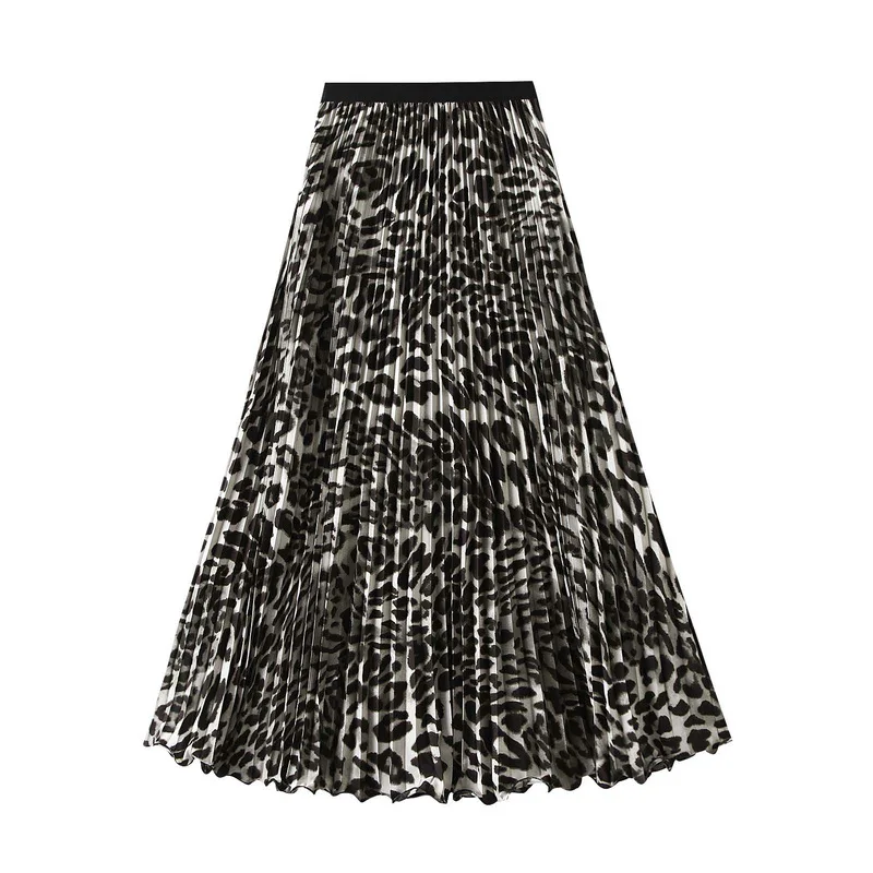 Leopard Print Pleated Long Skirt For Women 2026 Spring Summer High Waist Vintage Casual Office Lady Midi Skirts Woman Elegant