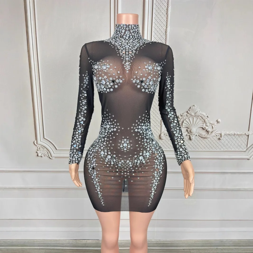 

Costume Nightclub Bar Full Diamond Mesh Long Sleeve Short Skirt Female Singer Model Girl Group Vestidos De Festas Para Casamento