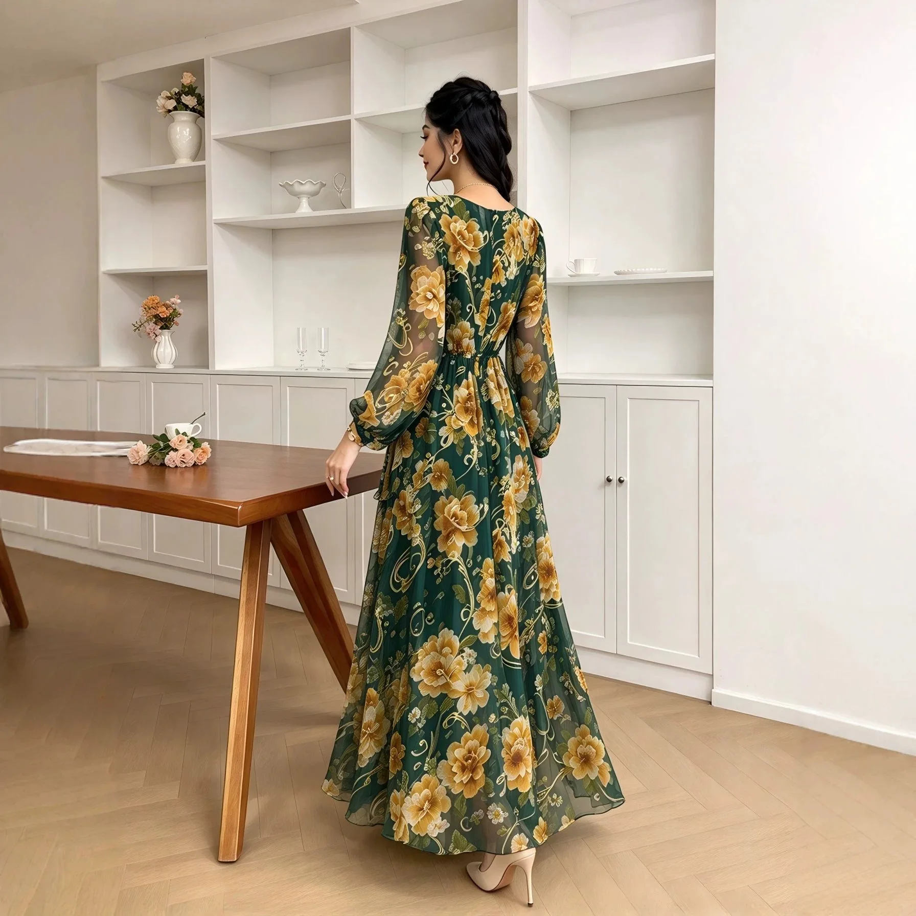 Women's New Autumn. Collection: V-neck Green Floral. Print, Long-sleeved Fitted-waist, And Flared Skirt Clothes Beach Lace