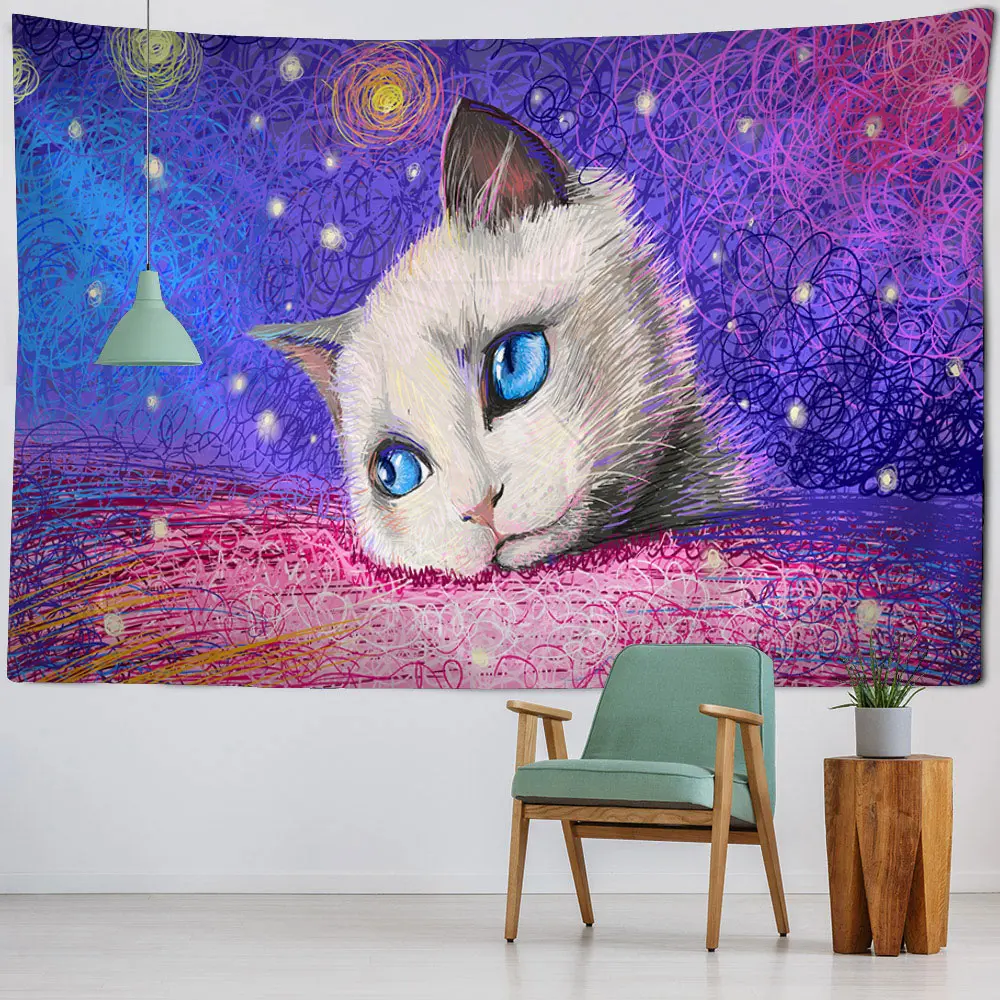 Colored cat tapestry wall hanging, witchcraft, psychedelic animal dormitory, aesthetic room decoration, dreamy background cloth