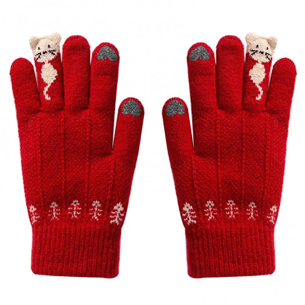 Guantes de invierno para mujeres y hombres, mitones de punto de dedo completo, lindos gatos de dibujos animados, pantalla táctil