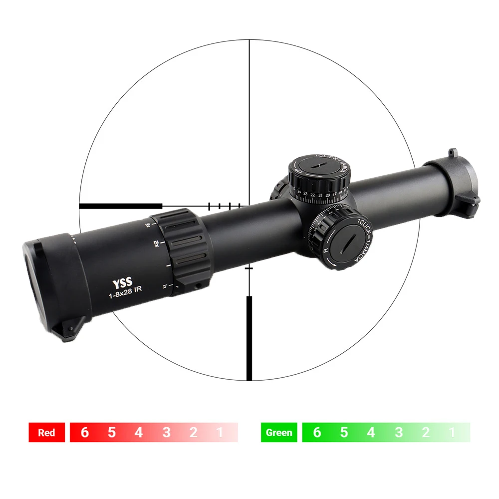 

Оптический прицел YSS 1-8X28IR SFP для охотничьих и страйкбольных винтовок, ударопрочный, с красной и зеленой подсветкой, gs1-0427