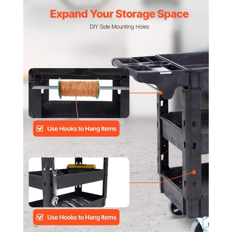 VEVOR Utility Cart, 3-Tier Plastic Service Cart with 550LBS Capacity, 360° Swivel Casters (Including 2 Locking Wheels)