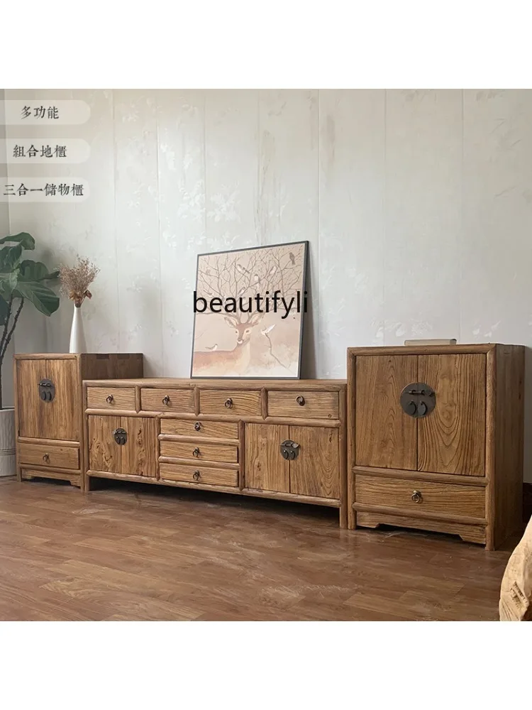 Old Elm Wood Door Panel TV Cabinet Solid Wood Furniture Multi-Functional Locker Combination Chinese Characteristic Floor Cabinet