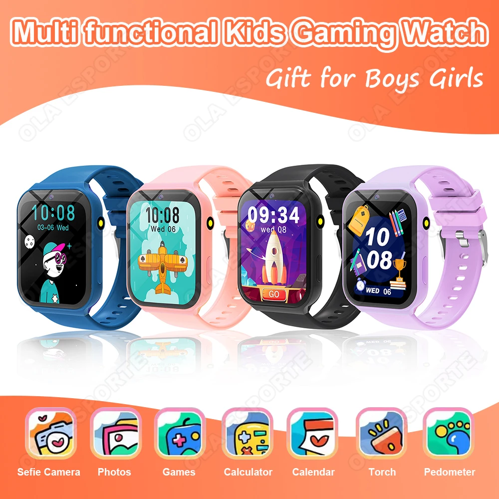 Kids Gaming Watch With Front Camera Sleep Monitoring Pedometer Calculator Flashlight Children Smartwatch 18 Games Student Gifts