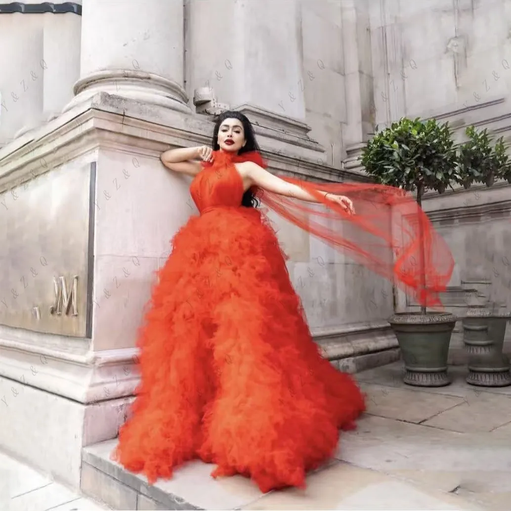 Elegante longo vestidos de baile sem costas longo exuberante vestidos femininos para sessões de fotos vestidos formais de noite inchado em camadas babados