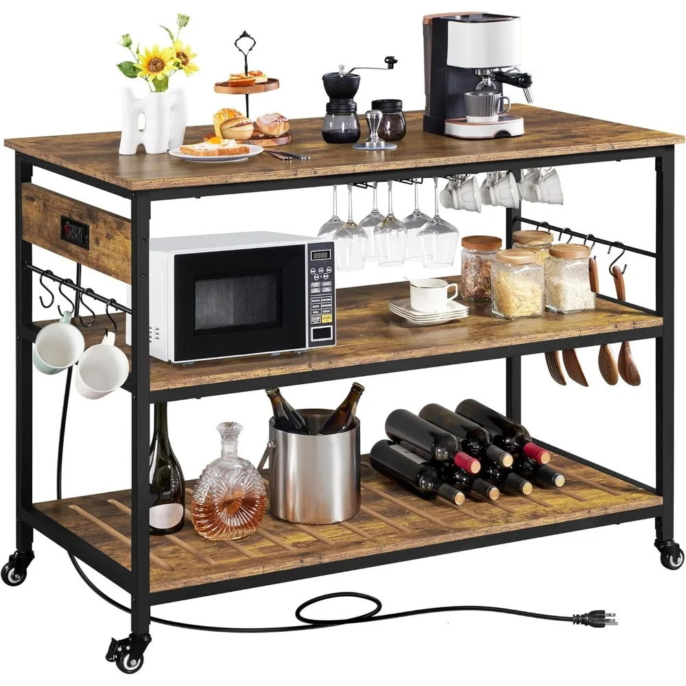 Kitchen Island with Power Outlet, Rolling Kitchen Cart with Wine Rack & Glass Holder & Hooks, Coffee Bar Microwave Stand Wine R