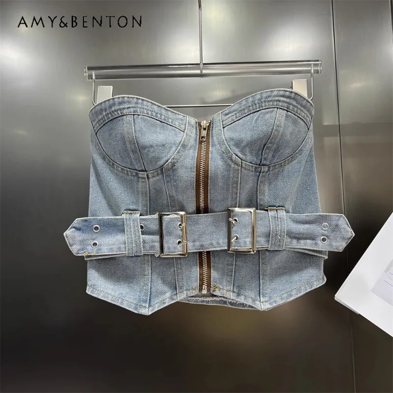 

American Hot Girl Style Low-Cut Denim Slings Women's Summer 2024 New Fashion Design Sexy Tube Top Vest Y2k Accessories Camisoles